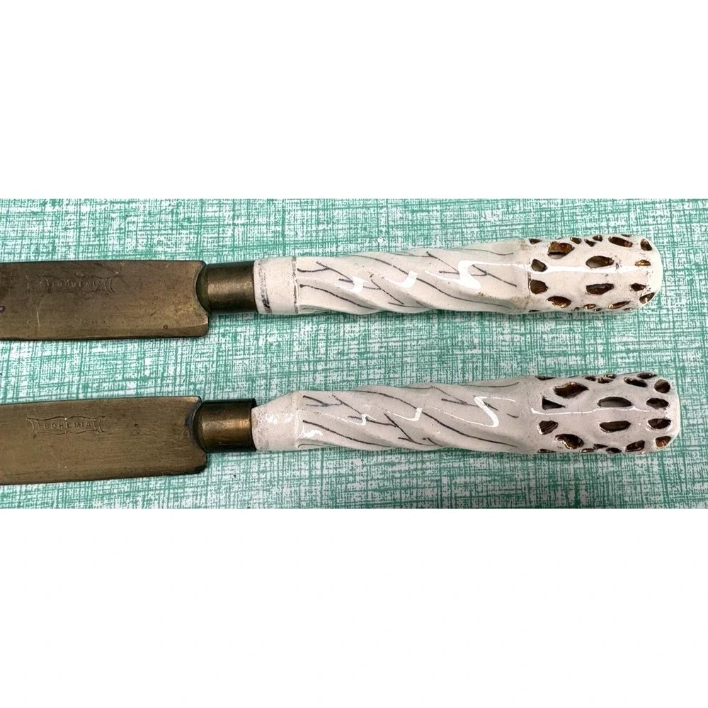 Vintage set of 6 bronze blade fruit knives Bohemia pierced porcelain handles